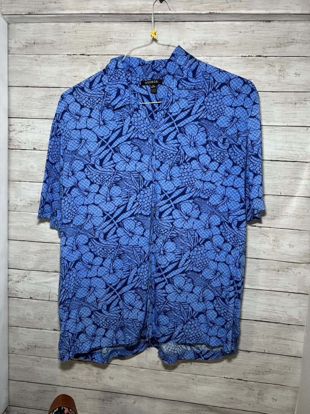 George Mens Button Down Short Sleeve Hawaiian Shirt Casual Size L 42-44 Blue